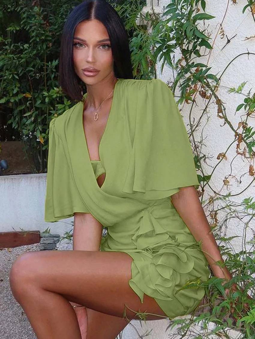 Casual V-Neck Half Sleeve Lace-Up Slim Elegant Ruffled Mini Dress