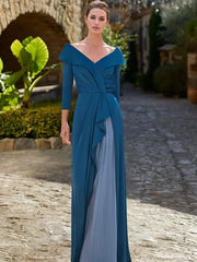 Casual V-Neck Length Sleeves A-Line Pleated Guest Dresses