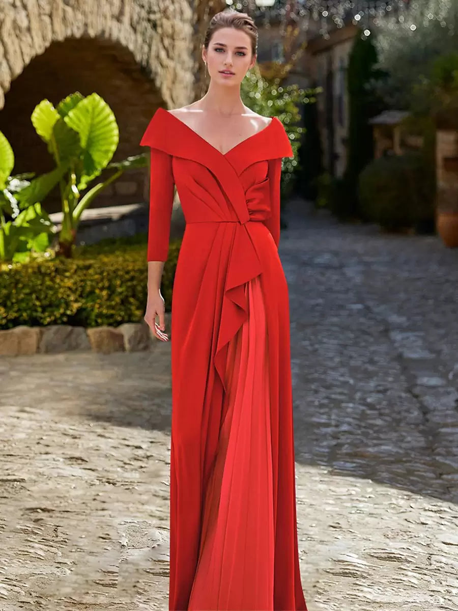 Casual V-Neck Length Sleeves A-Line Pleated Guest Dresses