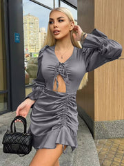 Casual V-Neck Long Sleeve Bodycon Hollow Out Slim Satin Mini Dress