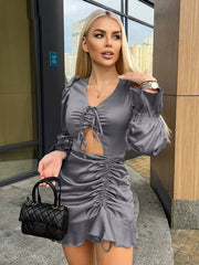 Casual V-Neck Long Sleeve Bodycon Hollow Out Slim Satin Mini Dress