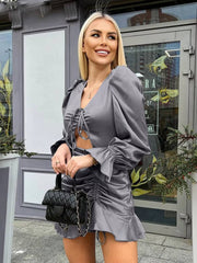 Casual V-Neck Long Sleeve Bodycon Hollow Out Slim Satin Mini Dress