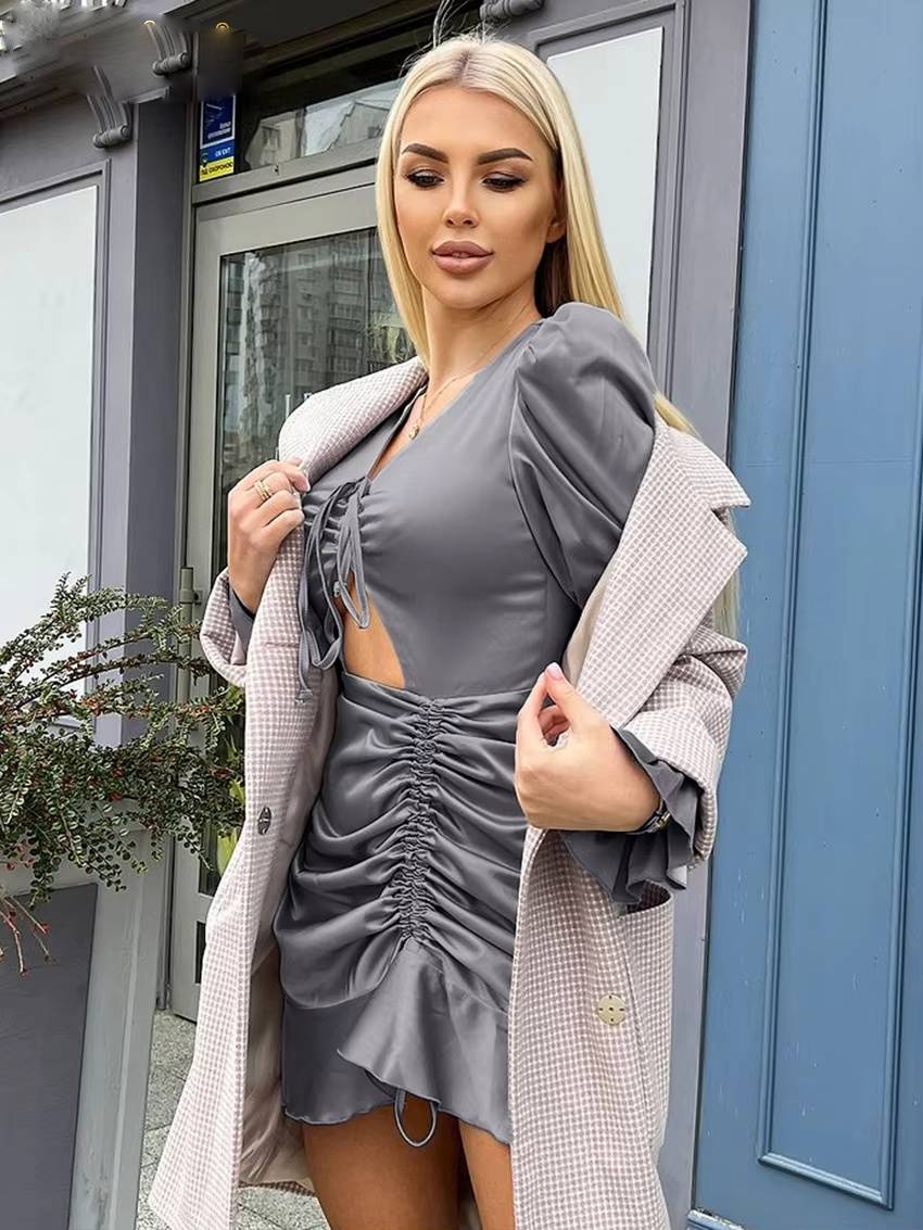 Casual V-Neck Long Sleeve Bodycon Hollow Out Slim Satin Mini Dress