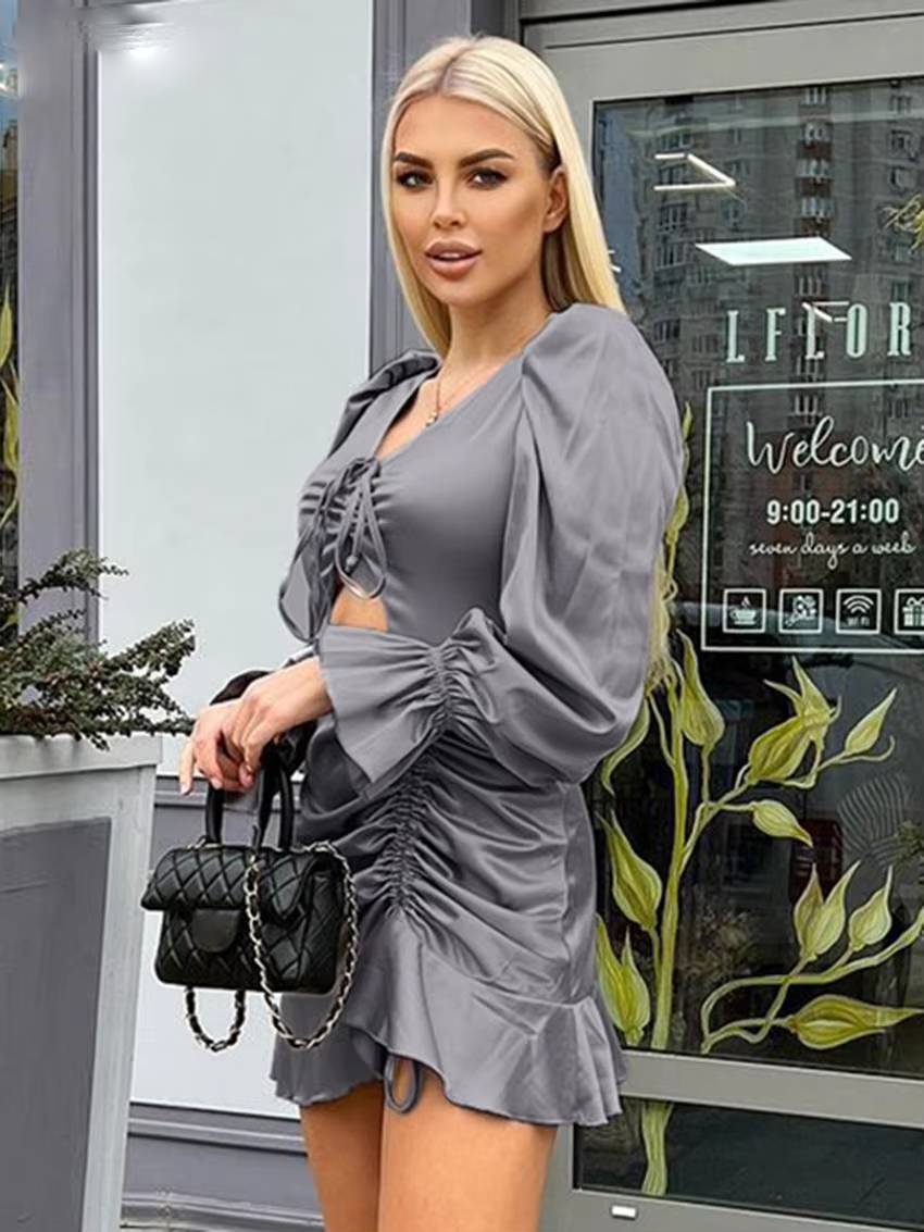 Casual V-Neck Long Sleeve Bodycon Hollow Out Slim Satin Mini Dress