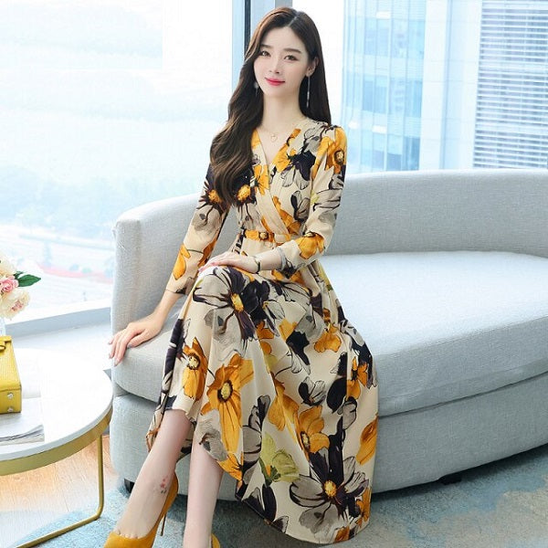 Casual V Neck Long Sleeve Midi Dress