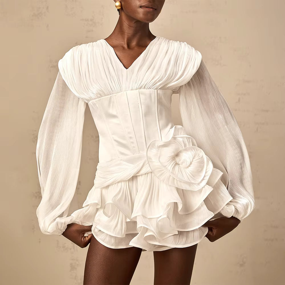 Casual V Neck Long Sleeves Patchwork Flower Solid Ruffle Folds Mini Dresses