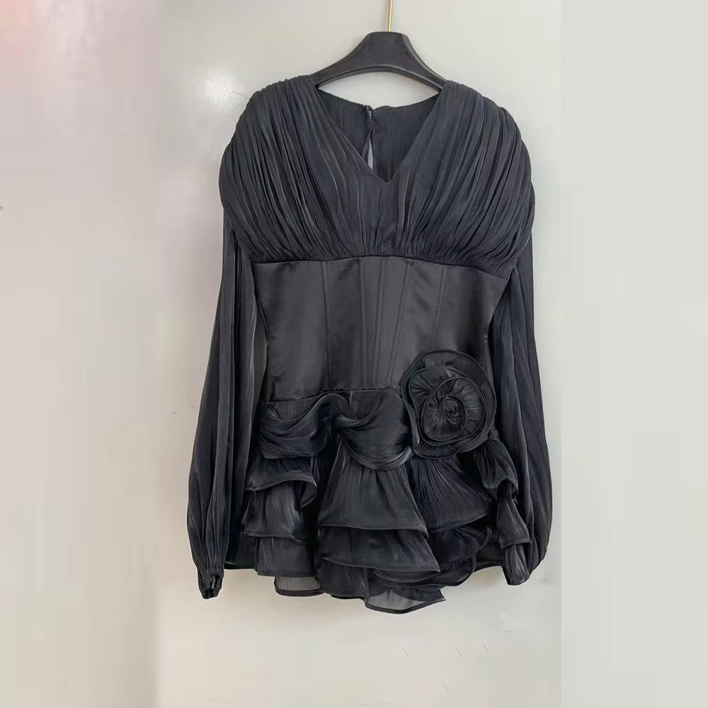 Casual V Neck Long Sleeves Patchwork Flower Solid Ruffle Folds Mini Dresses