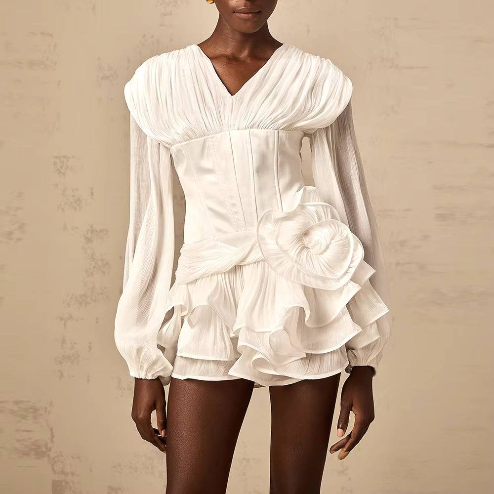 Casual V Neck Long Sleeves Patchwork Flower Solid Ruffle Folds Mini Dresses