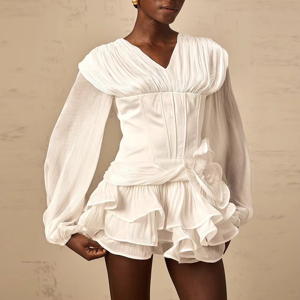 Casual V Neck Long Sleeves Patchwork Flower Solid Ruffle Folds Mini Dresses
