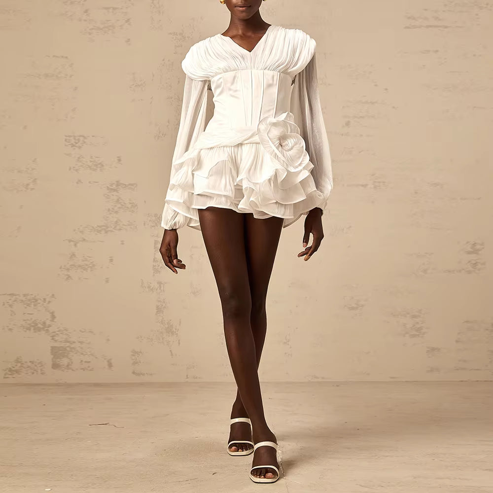 Casual V Neck Long Sleeves Patchwork Flower Solid Ruffle Folds Mini Dresses