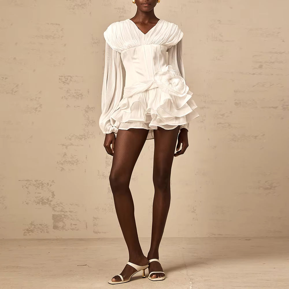 Casual V Neck Long Sleeves Patchwork Flower Solid Ruffle Folds Mini Dresses