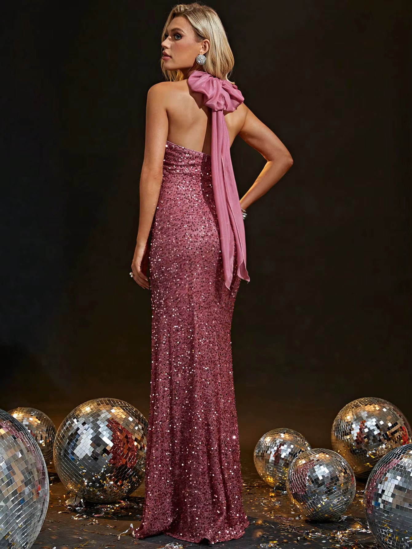Casual V-Neck Off The Shoulder Chiffon Cross Strap Sequined Fishtail High Slit Maxi Dresses