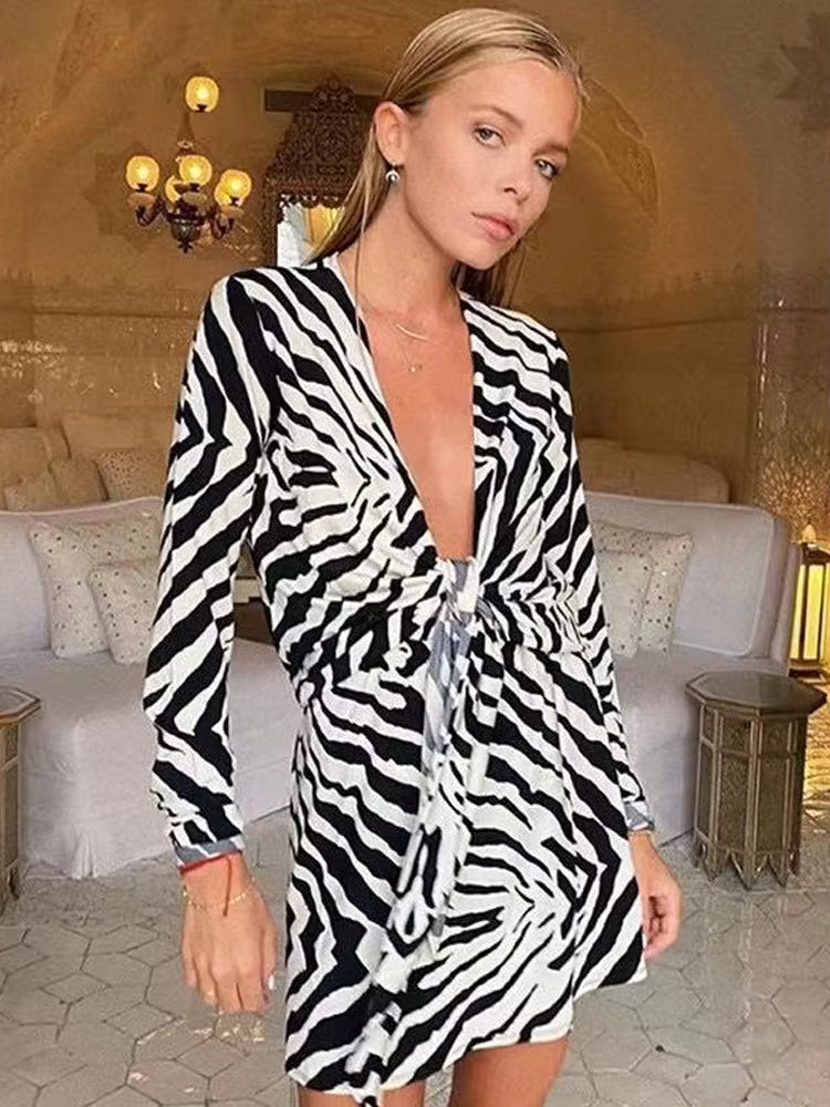 Casual V-Neck Outwear Long Sleeve Zebra Print Bandage Shirt Dresses