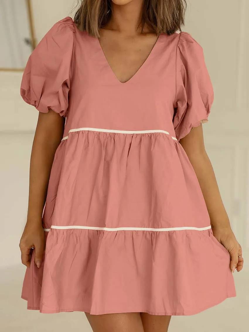 Casual V-Neck Patchwork Short Sleeve Elegant Loose Mini Dress