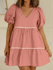 Casual V-Neck Patchwork Short Sleeve Elegant Loose Mini Dress