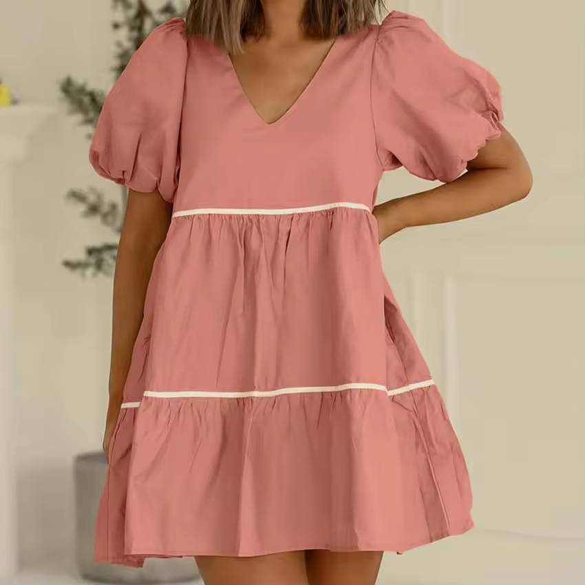 Casual V-Neck Patchwork Short Sleeve Elegant Loose Mini Dress