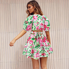 Casual V-Neck Printed Lantern Sleeve Loose Daily Short Dress