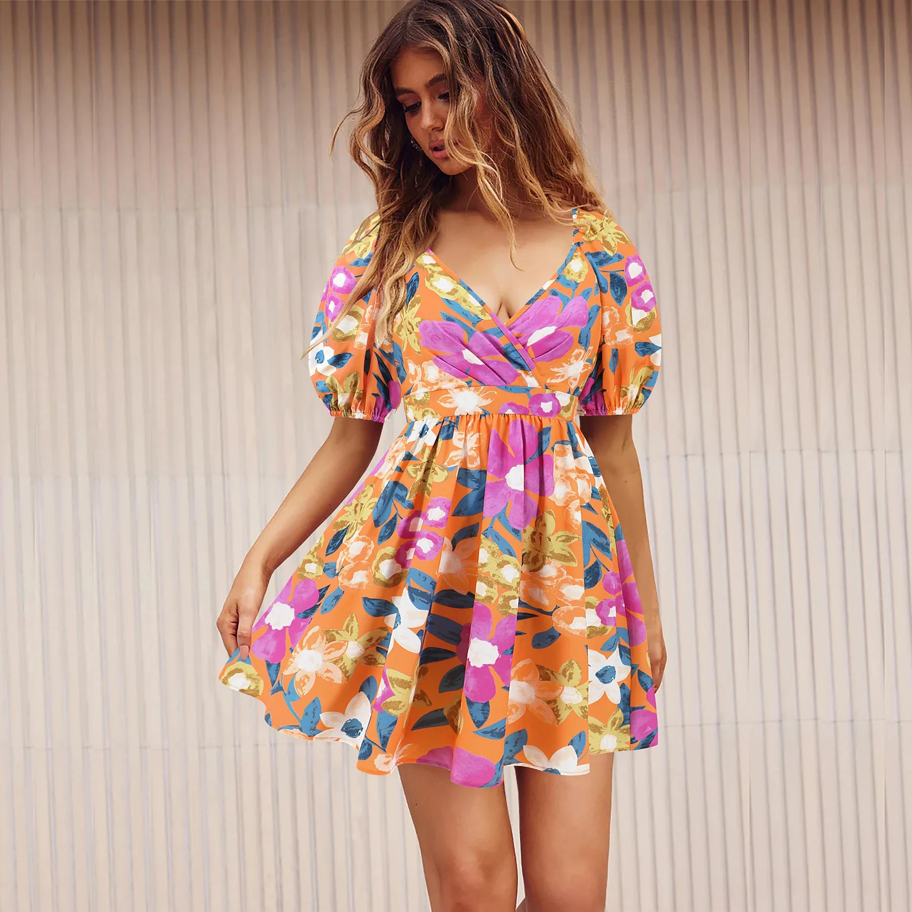 Casual V-Neck Printed Lantern Sleeve Daily Streetwear Short Dress