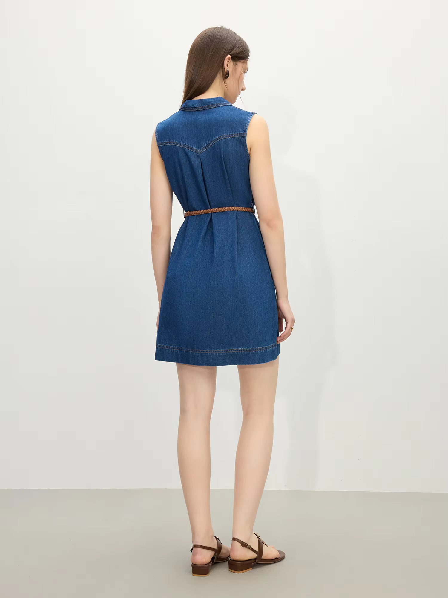 Casual V-Neck Relaxed Fit Collared Vest Streetwear Sleeveless Denim Shirt Dress