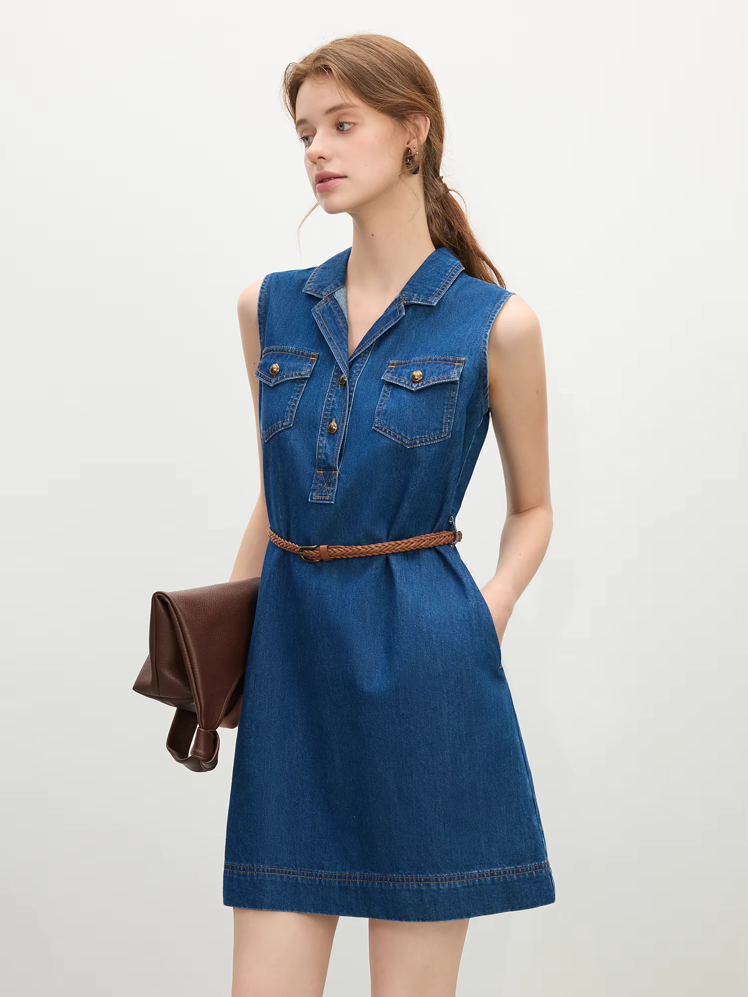 Casual V-Neck Relaxed Fit Collared Vest Streetwear Sleeveless Denim Shirt Dress