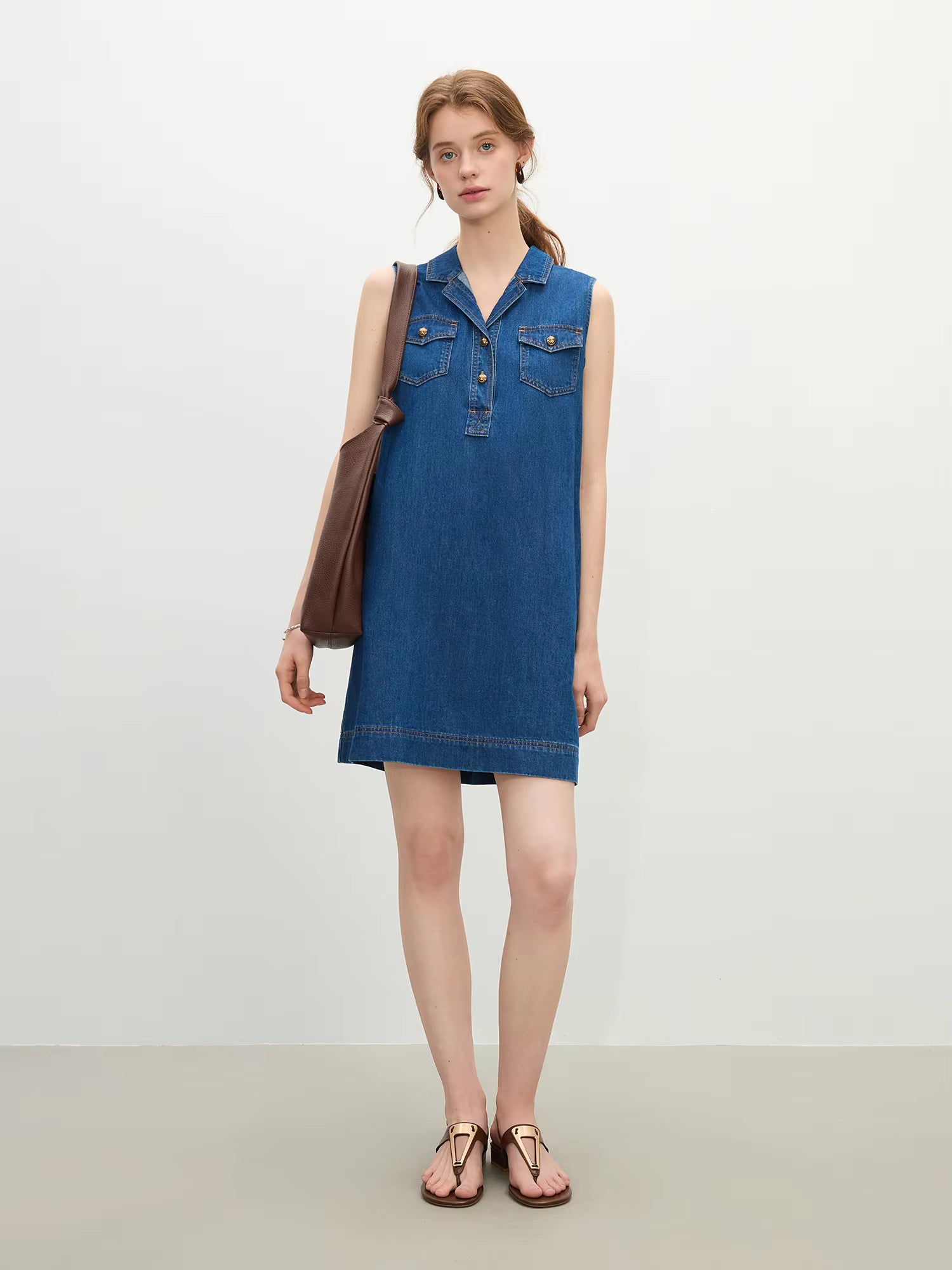 Casual V-Neck Relaxed Fit Collared Vest Streetwear Sleeveless Denim Shirt Dress