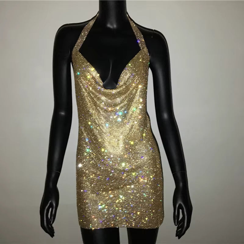 Casual V Neck Rhinestone Halter Neck Side Split Sleeveless Mini Dress