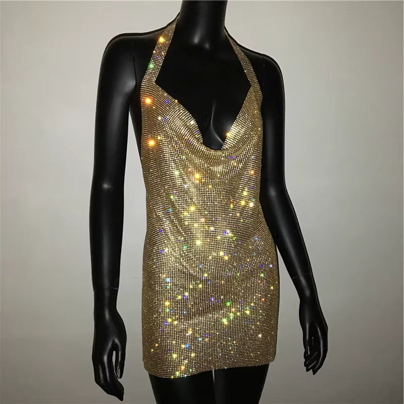 Casual V Neck Rhinestone Halter Neck Side Split Sleeveless Mini Dress