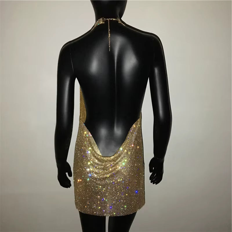 Casual V Neck Rhinestone Halter Neck Side Split Sleeveless Mini Dress