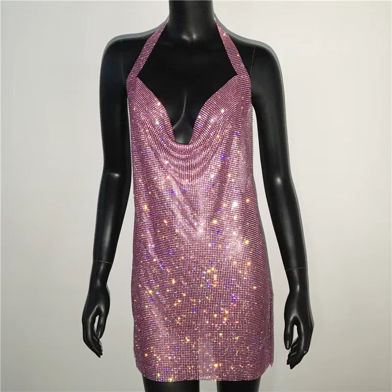 Casual V Neck Rhinestone Halter Neck Side Split Sleeveless Mini Dress