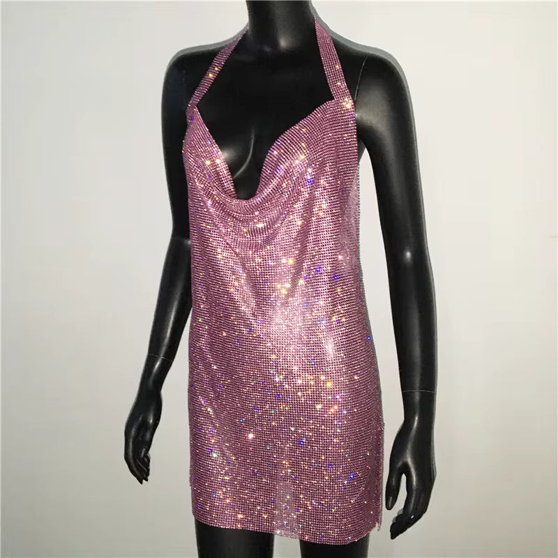Casual V Neck Rhinestone Halter Neck Side Split Sleeveless Mini Dress
