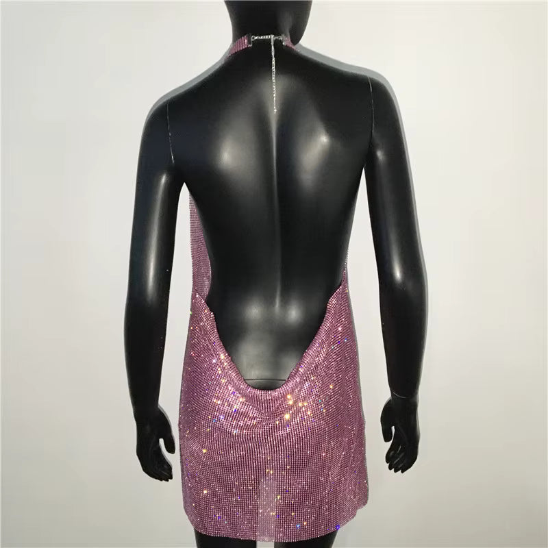 Casual V Neck Rhinestone Halter Neck Side Split Sleeveless Mini Dress