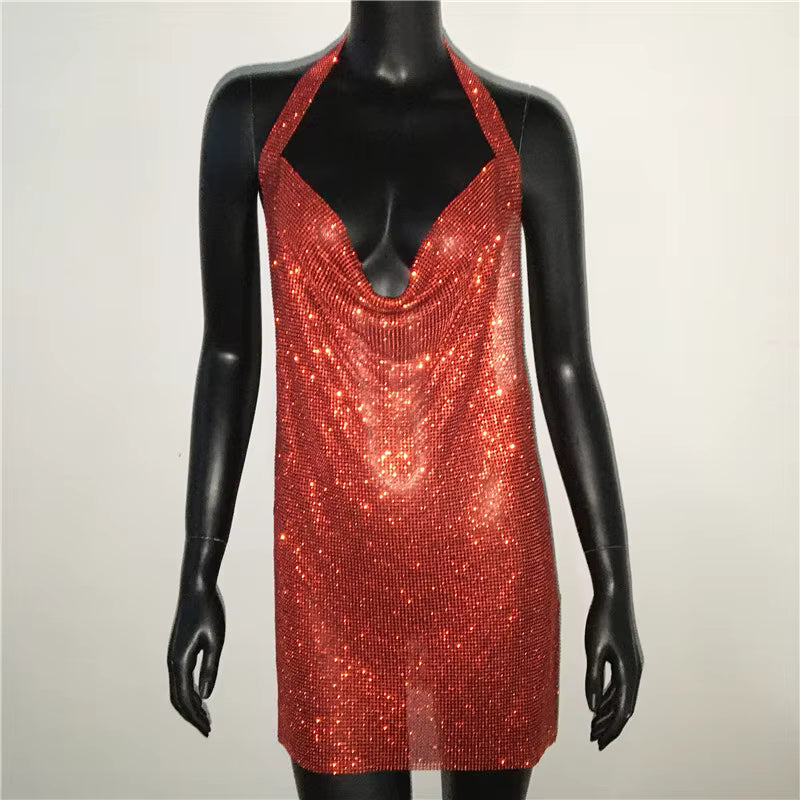 Casual V Neck Rhinestone Halter Neck Side Split Sleeveless Mini Dress