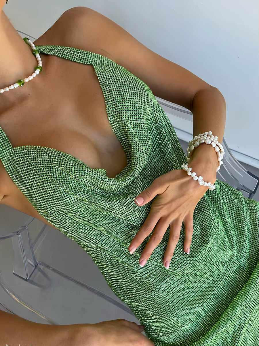 Casual V Neck Rhinestone Halter Neck Side Split Sleeveless Mini Dress