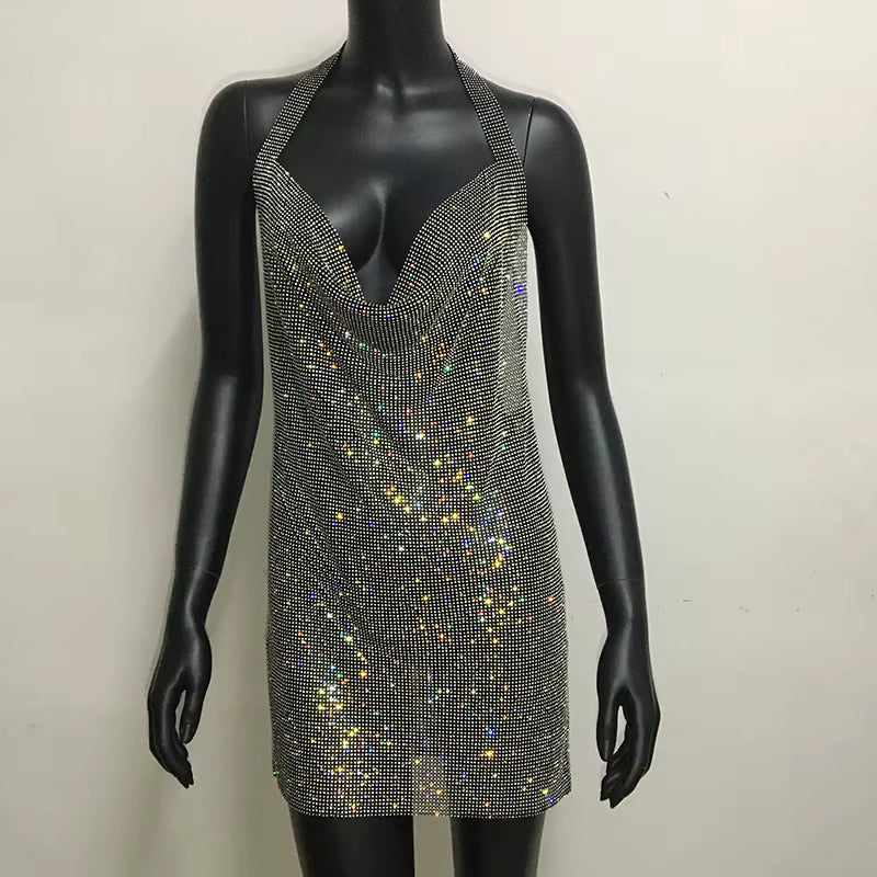 Casual V Neck Rhinestone Halter Neck Side Split Sleeveless Mini Dress
