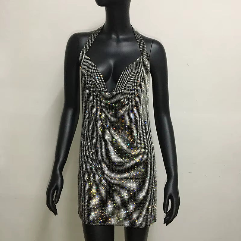 Casual V Neck Rhinestone Halter Neck Side Split Sleeveless Mini Dress