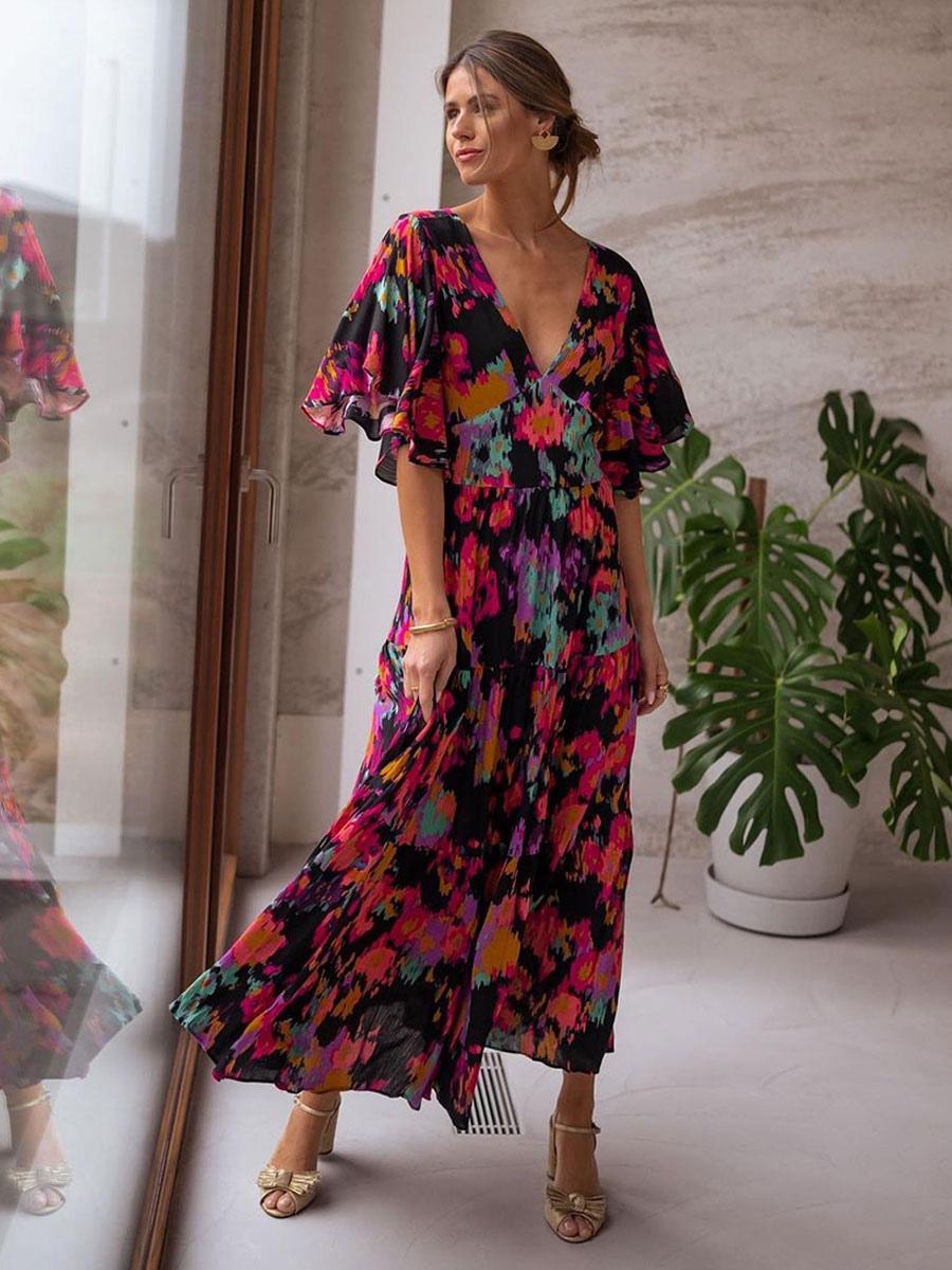 Casual V-Neck Ruffles Printed Beach Style Birthday Party Maxi Dress