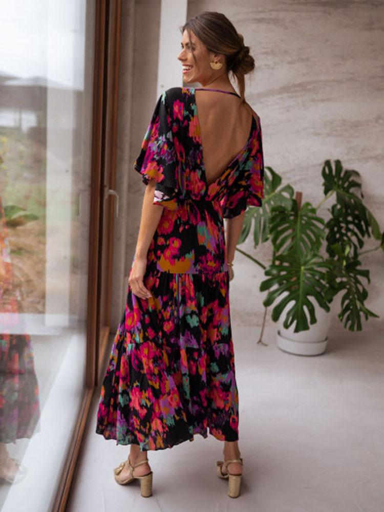 Casual V-Neck Ruffles Printed Beach Style Birthday Party Maxi Dress