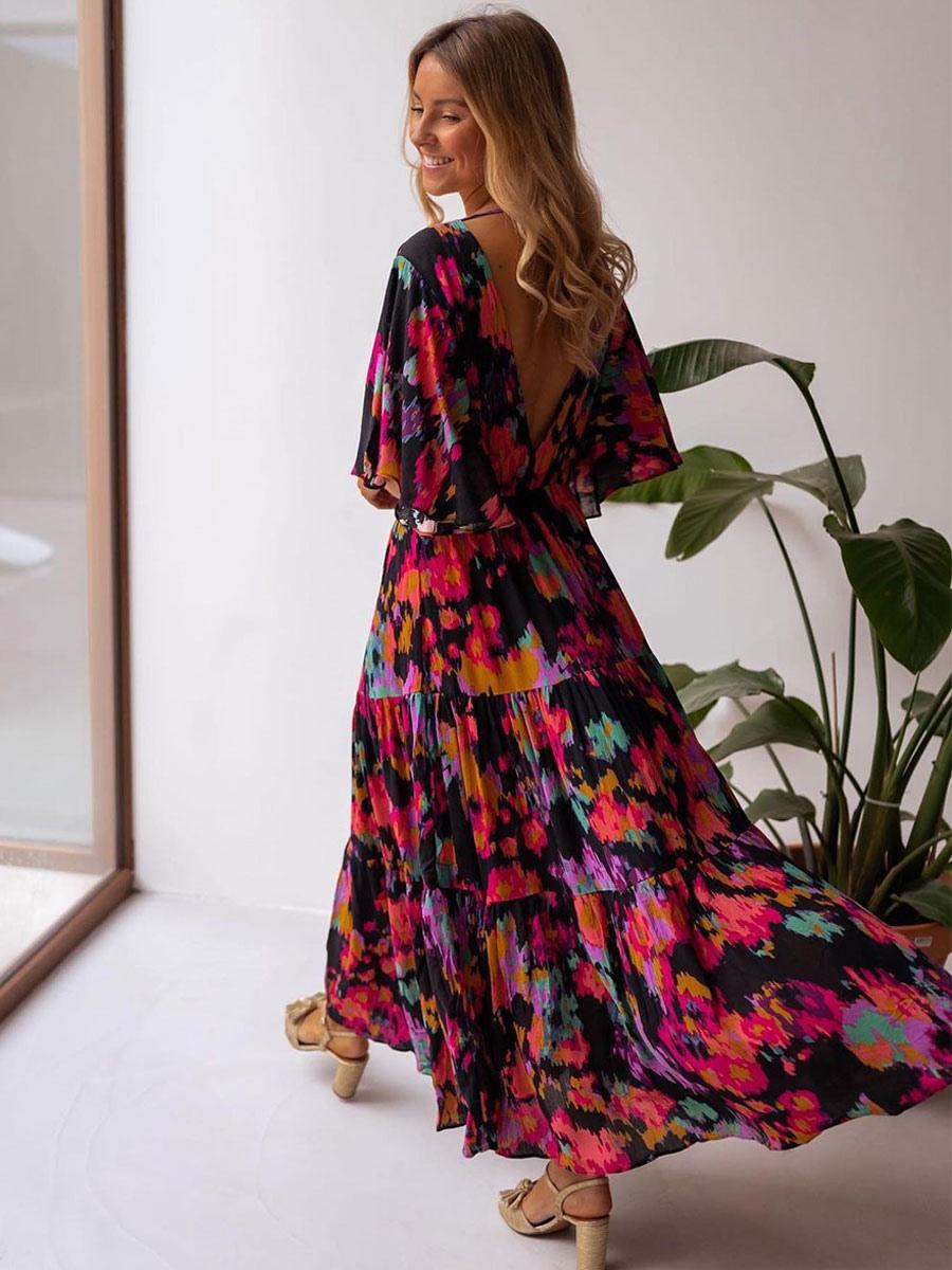 Casual V-Neck Ruffles Printed Beach Style Birthday Party Maxi Dress