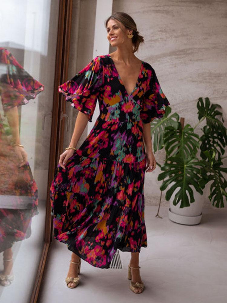 Casual V-Neck Ruffles Printed Beach Style Birthday Party Maxi Dress