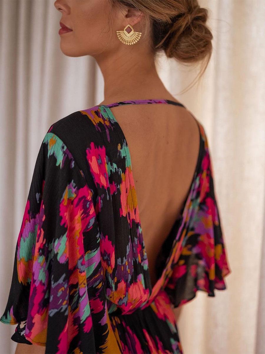 Casual V-Neck Ruffles Printed Beach Style Birthday Party Maxi Dress