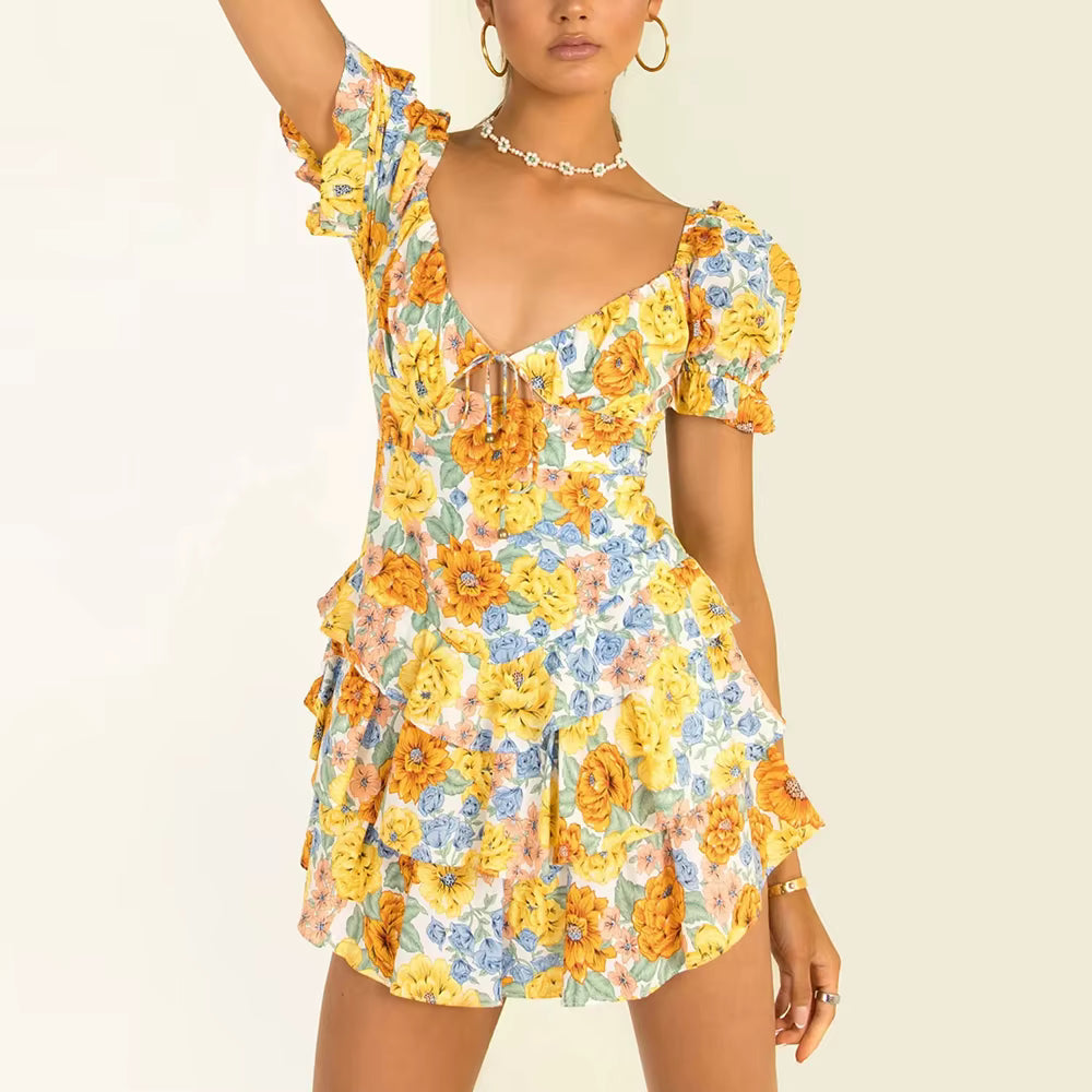 Casual V Neck Short Sleeve Patchwork Ruffles Backless Floral Printing Short Dress