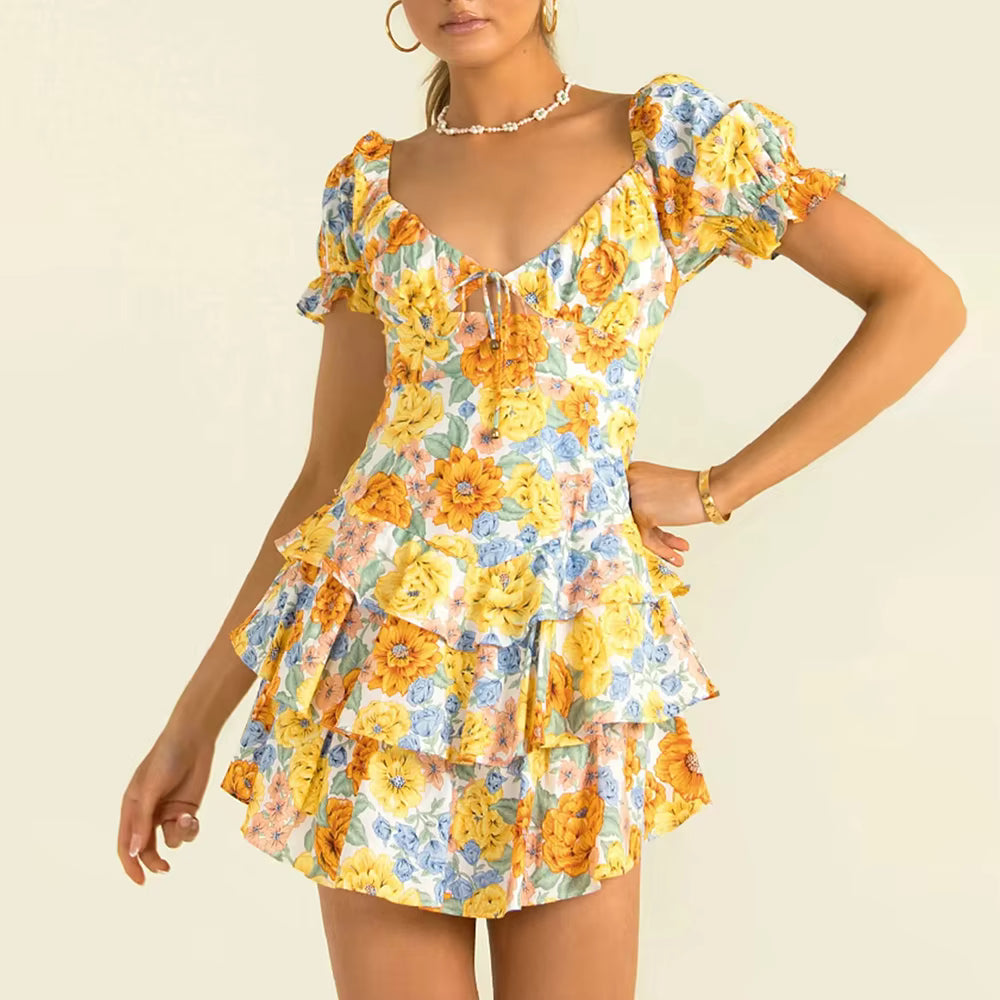Casual V Neck Short Sleeve Patchwork Ruffles Backless Floral Printing Short Dress