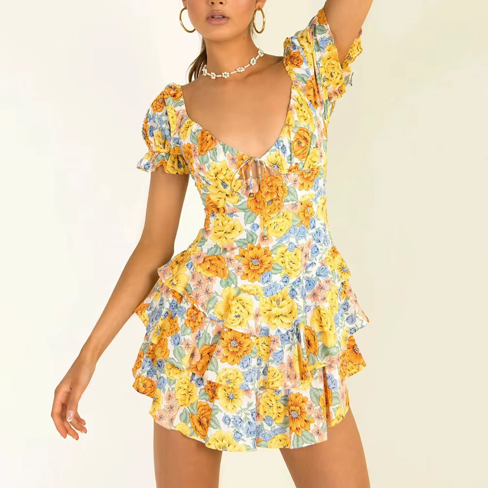 Casual V Neck Short Sleeve Patchwork Ruffles Backless Floral Printing Short Dress