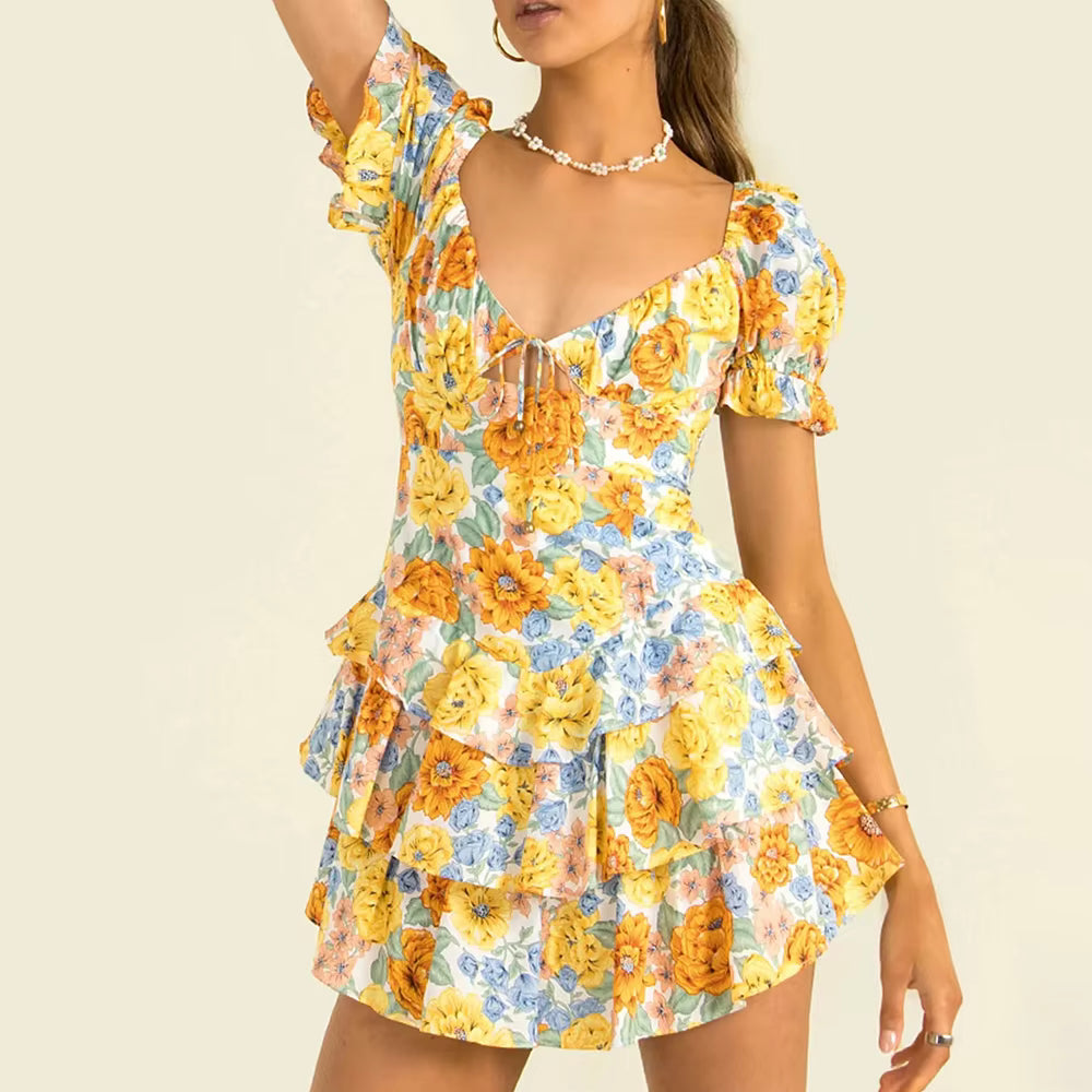 Casual V Neck Short Sleeve Patchwork Ruffles Backless Floral Printing Short Dress