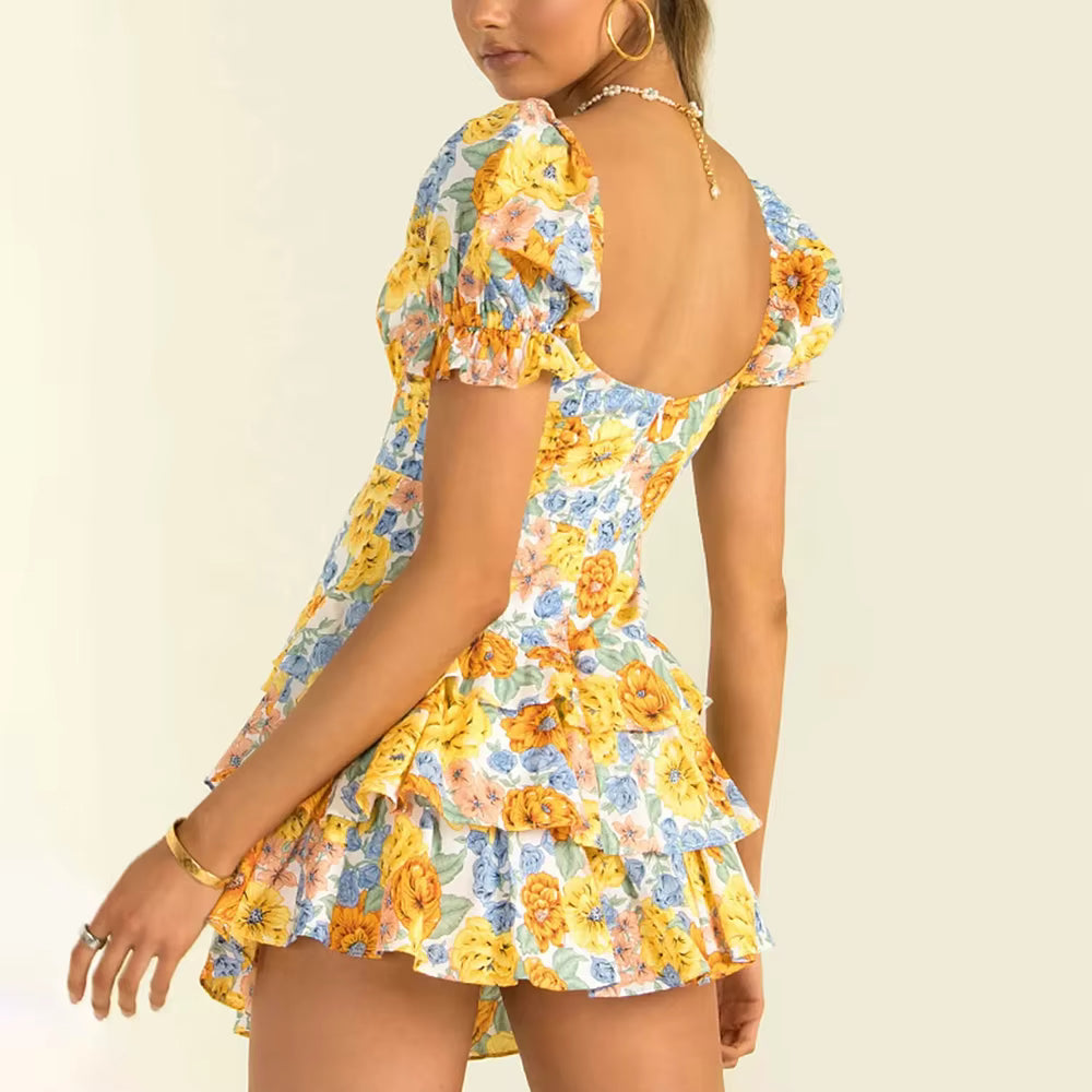 Casual V Neck Short Sleeve Patchwork Ruffles Backless Floral Printing Short Dress