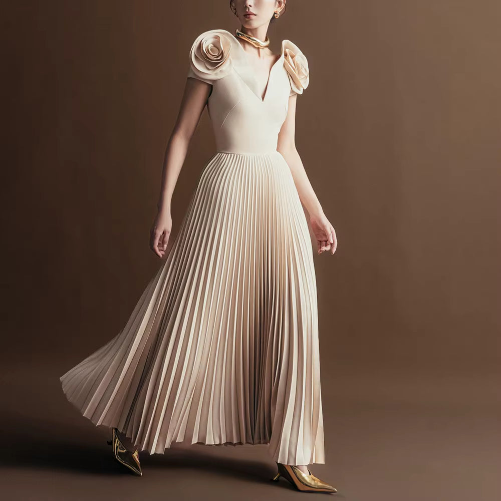 Casual V Neck Short Sleeve Patchwork Solid Temperament Spliced Flower Maxi Dresses