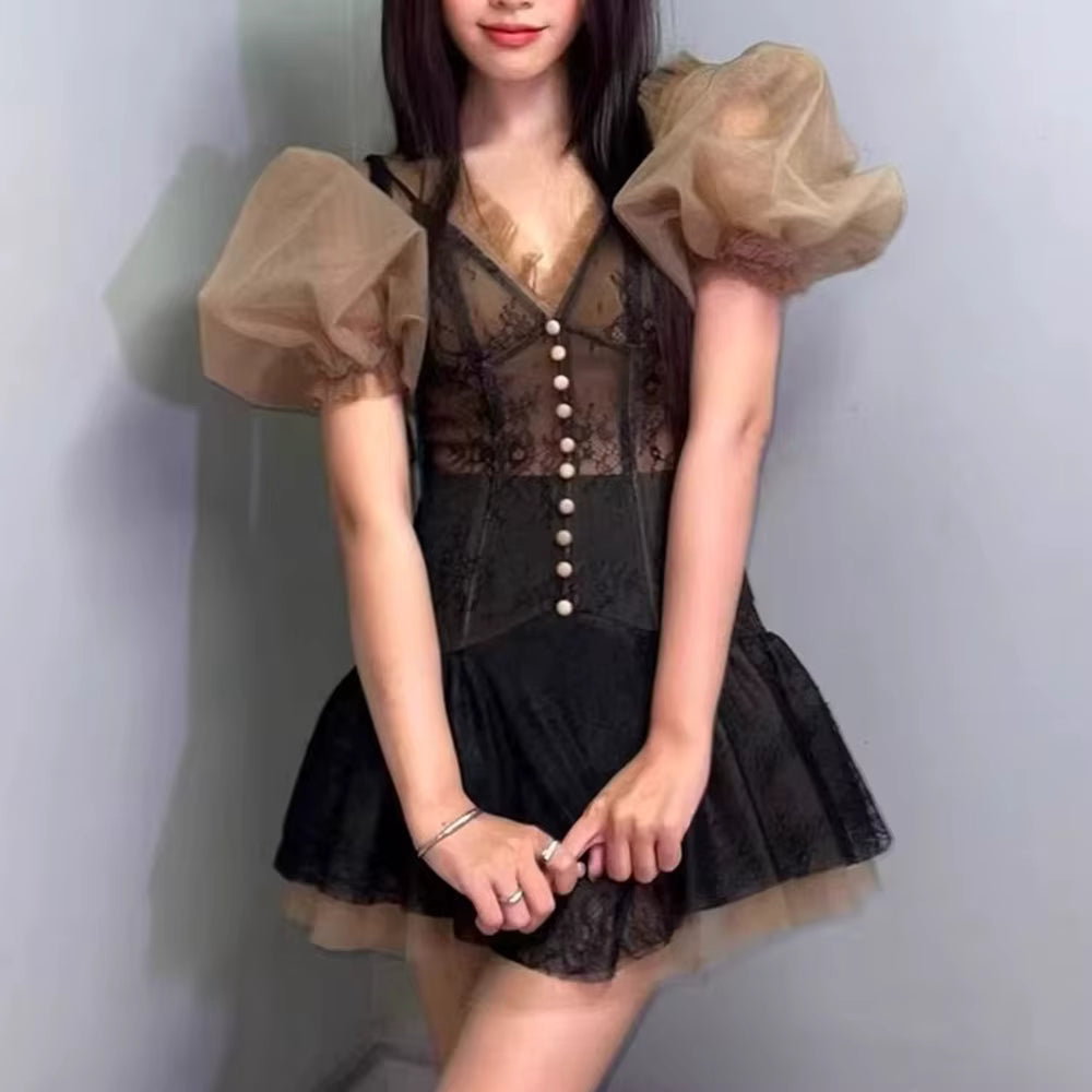 Casual V Neck Short Sleeves Spliced Lace Up Top High Waist Patchwork Mesh Skirt Two Piece Sets