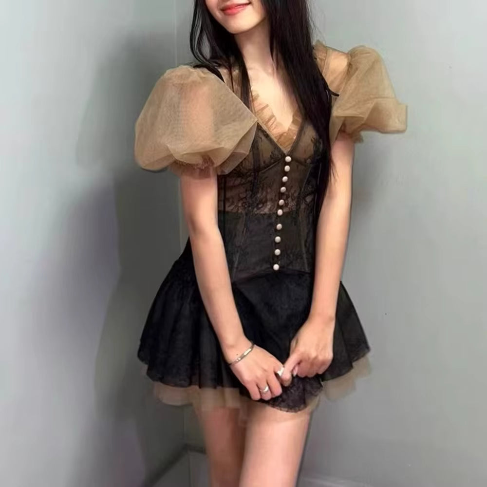 Casual V Neck Short Sleeves Spliced Lace Up Top High Waist Patchwork Mesh Skirt Two Piece Sets