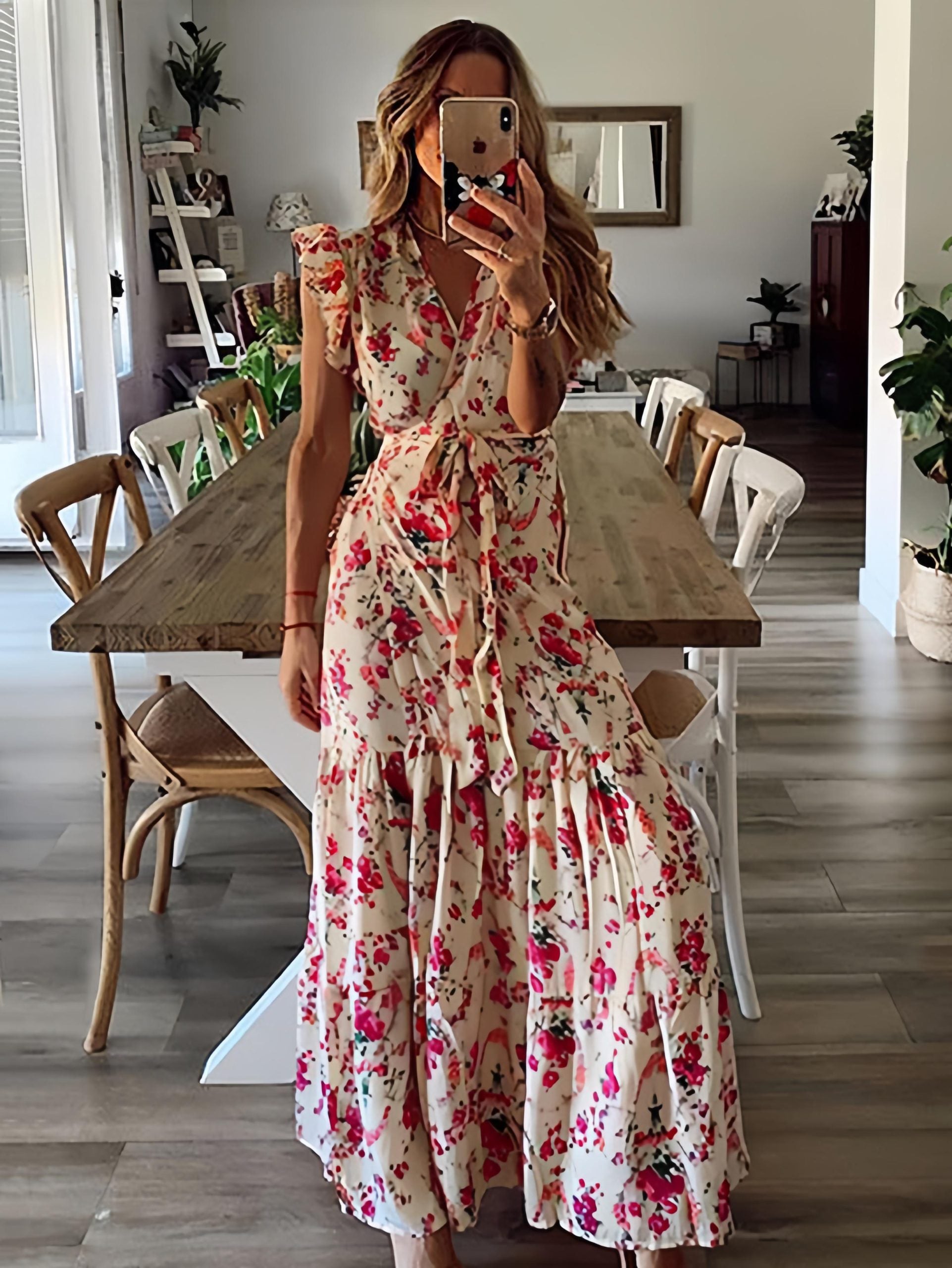 Casual V-Neck Sleeveless Lace Up Pleated Ruffles Floral Print Stretch Maxi Dress