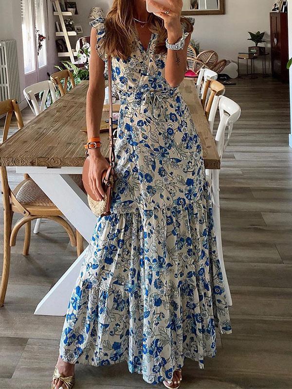 Casual V-Neck Sleeveless Lace Up Pleated Ruffles Floral Print Stretch Maxi Dress